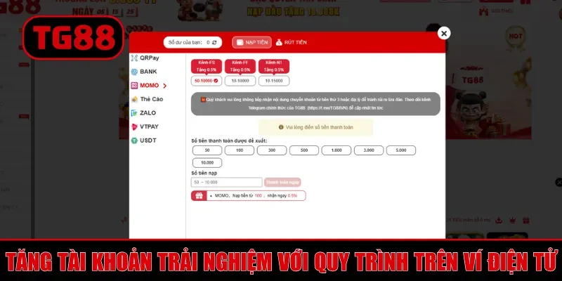 Tăng tài khoản trải nghiệm với quy trình trên ví điện tử